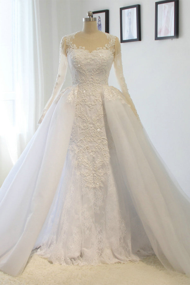 2024 Scoop Long Sleeves Wedding Dresses Mermaid Tulle With Beading Court Train Detachable