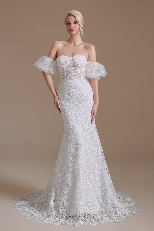 New Arrival Sweetheart Off the Shoulder Lace Long Beach Wedding Dresses