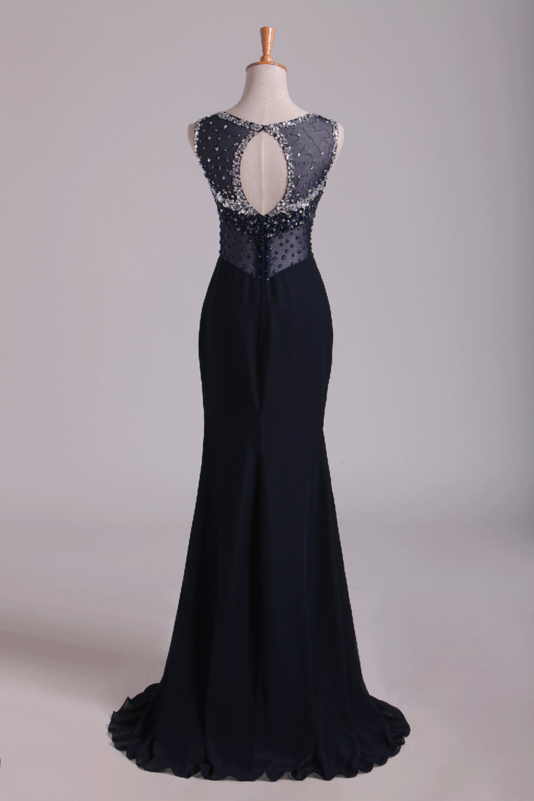 2024 Scoop Open Back Beaded Bodice Floor Length Chiffon Prom Dresses Black