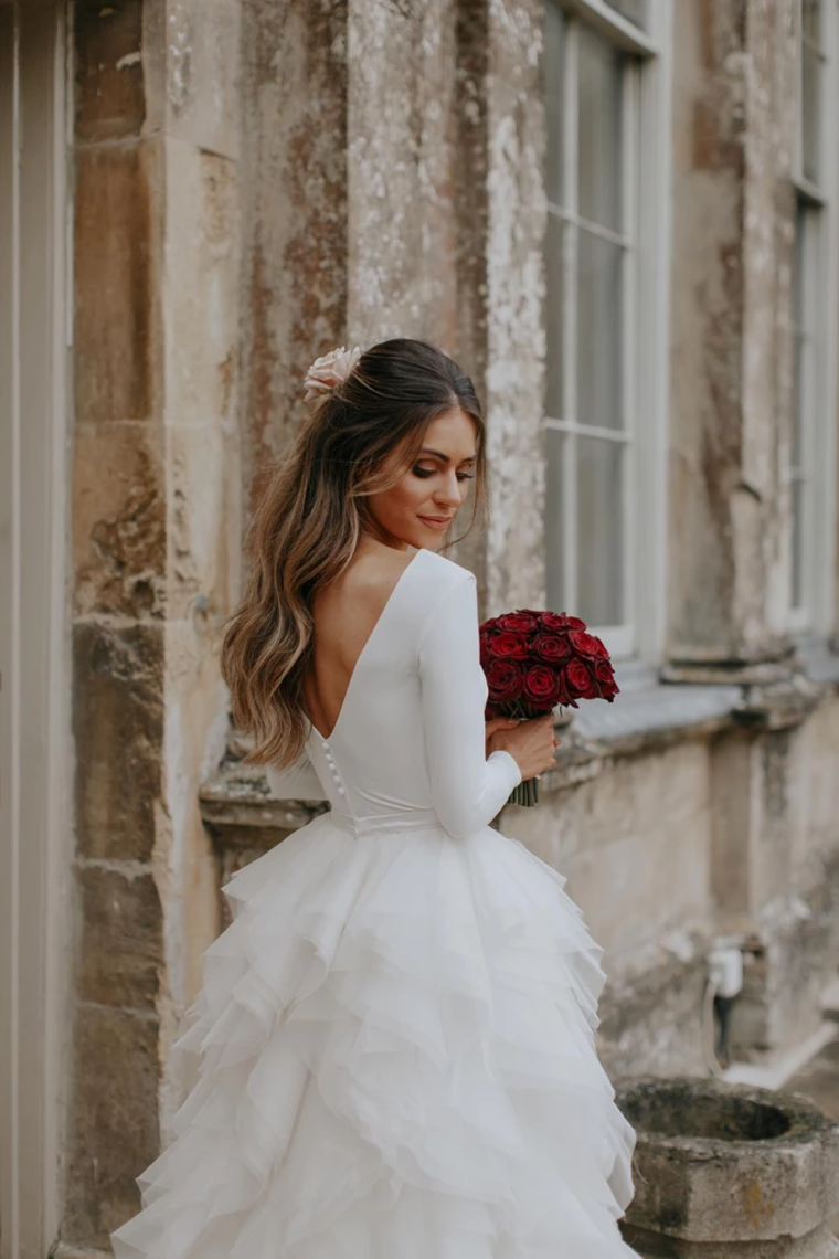 A-Line Ivory Sweep Train Tulle Long Sleeves Long Beach Wedding Dresses With Ruffles