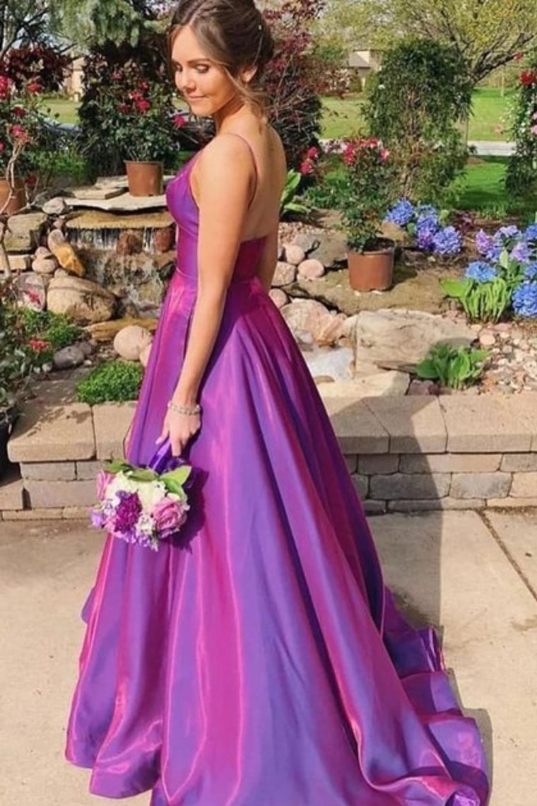 Spaghetti Straps V-Neck Long Satin Prom Dresses