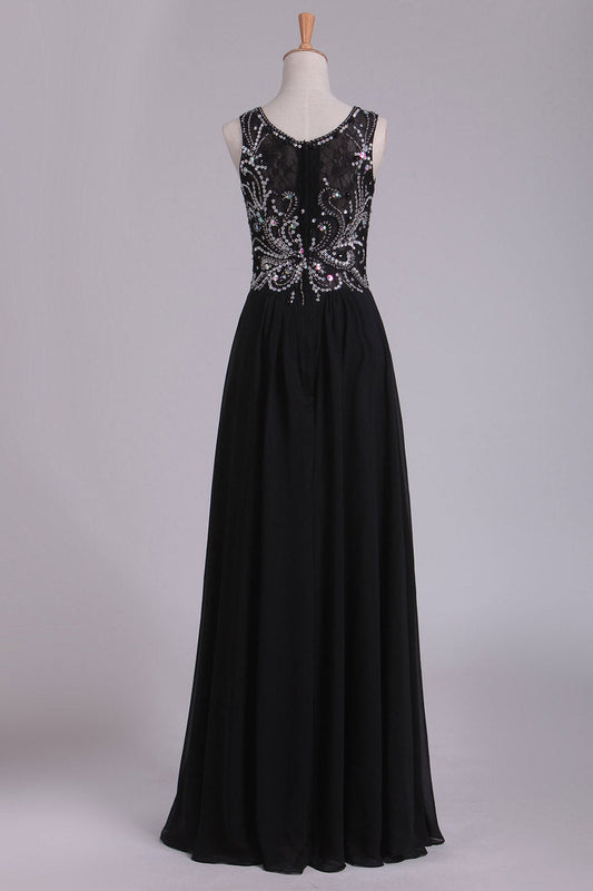 2024 Prom Dresses Scoop Beaded Bodice A Line Chiffon Lace Floor Length