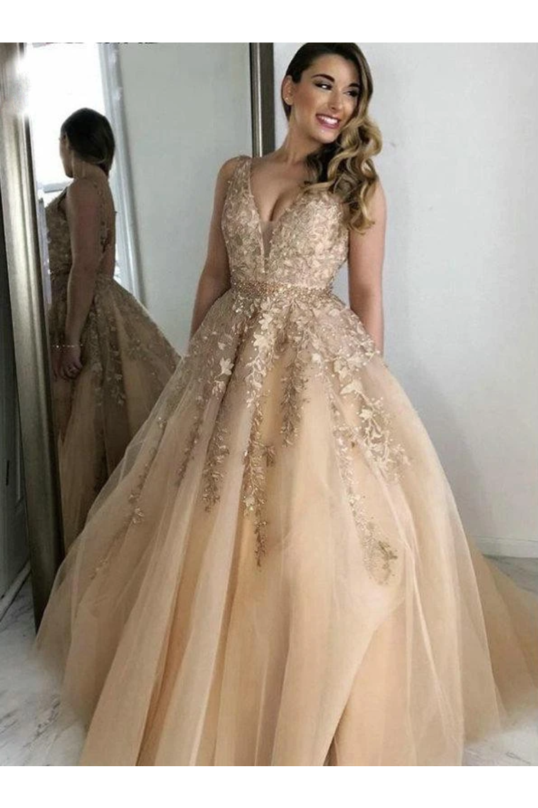 Charming A Line V Neck Beads Tulle Prom Dresses With Appliques, Floor Length Formal Dresses