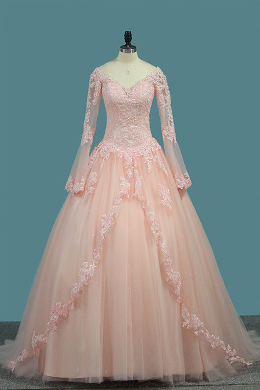 2024 V Neck Quinceanera Dresses Ball Gown Long Sleeves Tulle With Applique