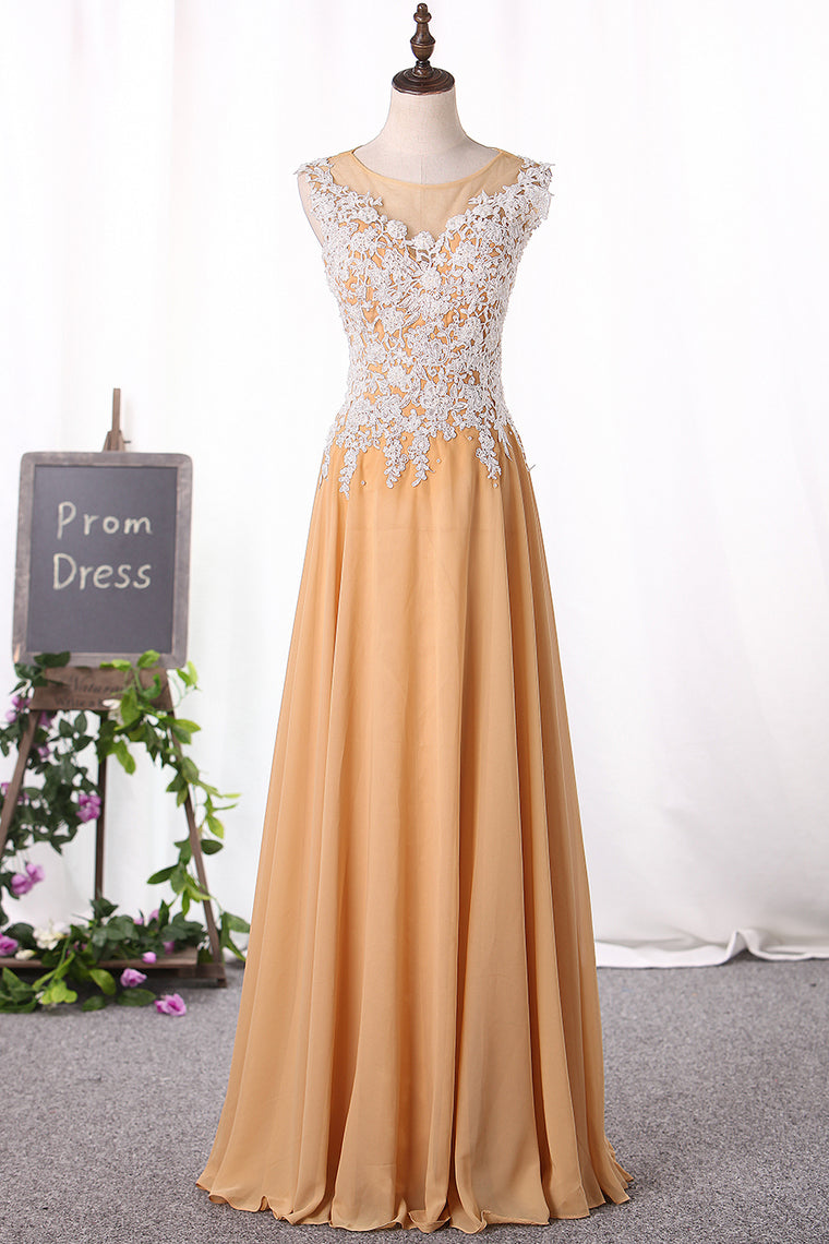 2024 A Line Scoop Prom Dresses Chiffon With Applique Floor Length