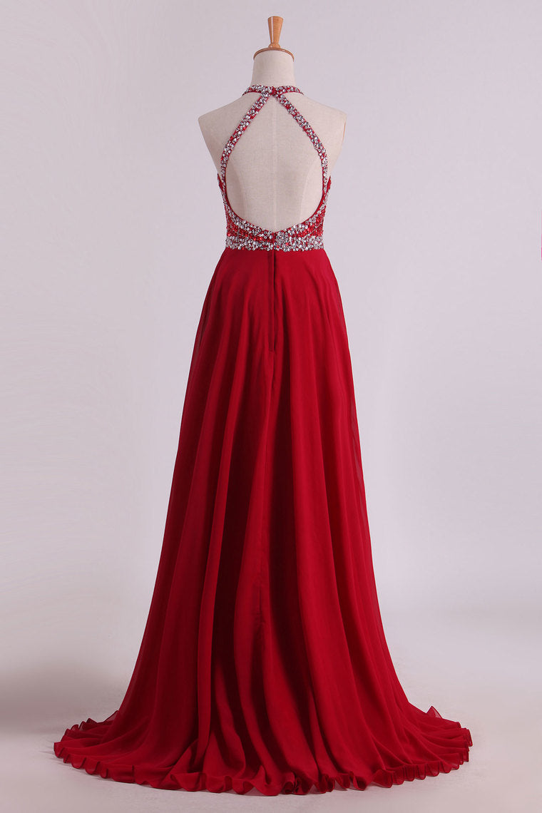 2024 A Line Halter Open Back Prom Dresses Sweep Train Chiffon & Tulle With Beading