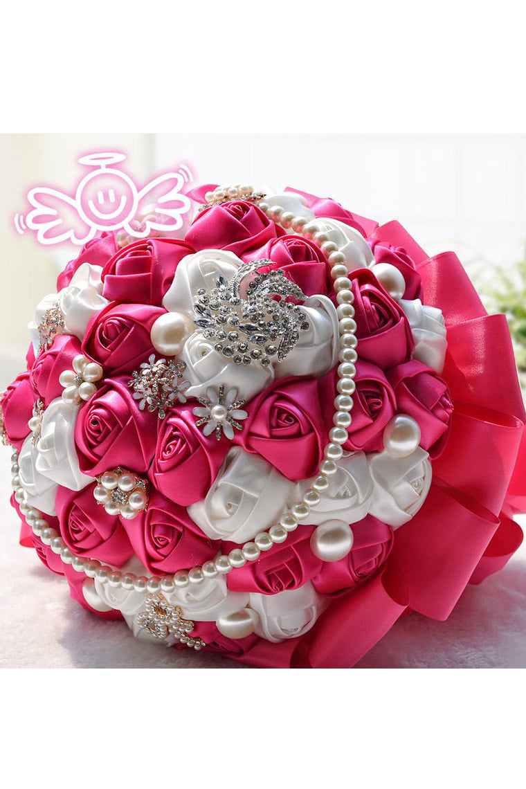 Elegant Round Satin Bridal Bouquets With Pearls