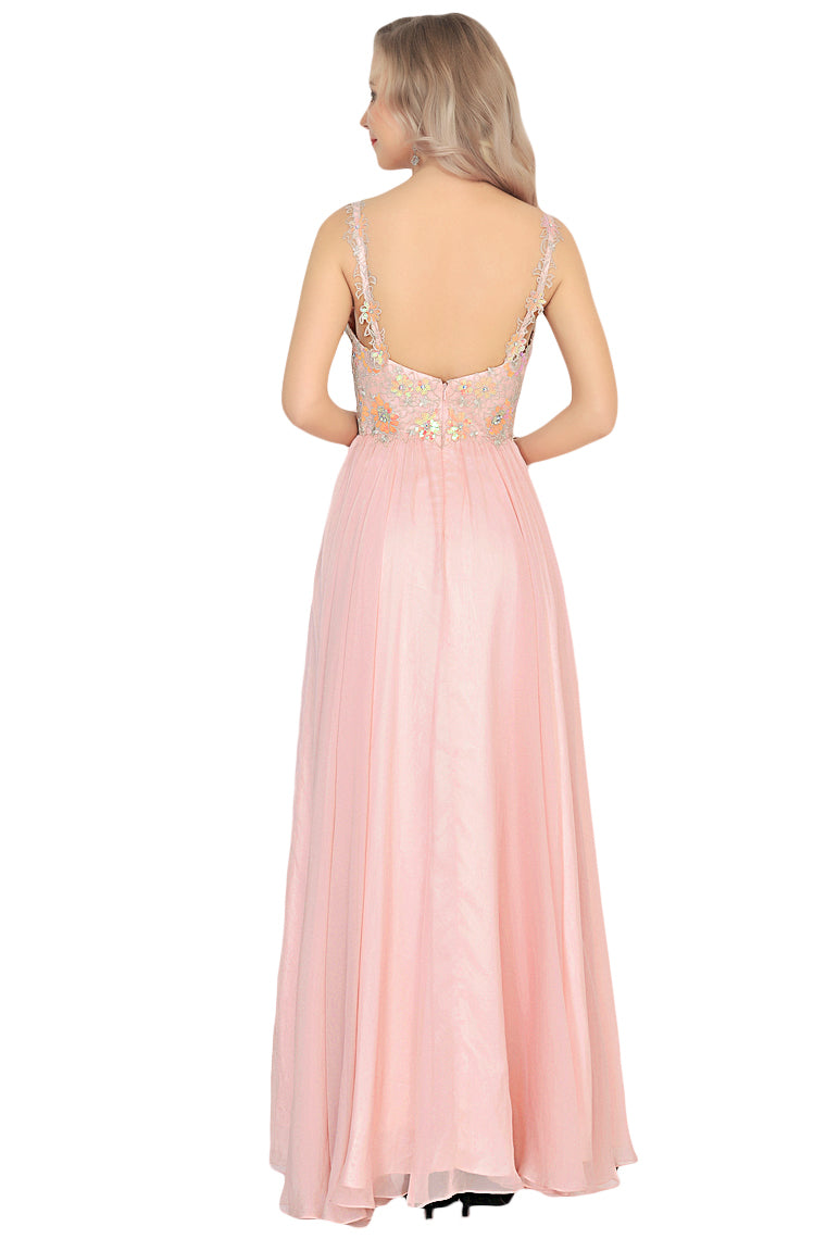 2024 A Line Spaghetti Straps Prom Dresses Chiffon With Beads And Applique