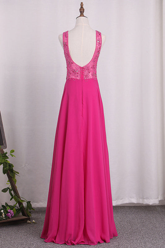 2024 Prom Dresses A Line V Neck Beaded Bodice Chiffon Open Back