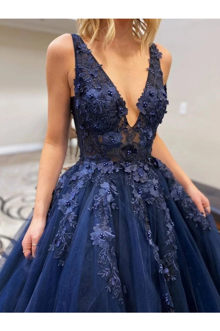 A-Line V Neck Appliques Navy Blue Prom Dresses, Navy Blue Long Evening Dresses