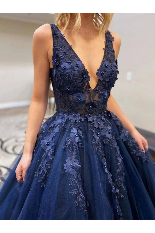 A-Line V Neck Appliques Navy Blue Prom Dresses, Navy Blue Long Evening Dresses