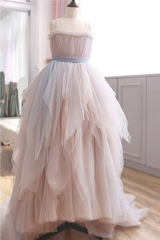 Vintage A Line Spaghetti Straps Blush Prom Dresses, Puffy Ruffles Party Dresses