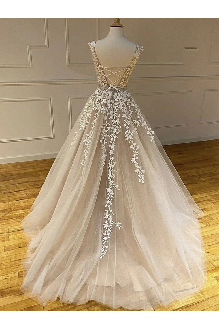 Backless Prom Dresses Appliques Lace Up Back Sweep Train