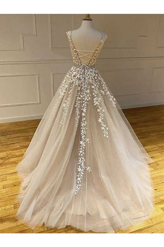 Backless Prom Dresses Appliques Lace Up Back Sweep Train