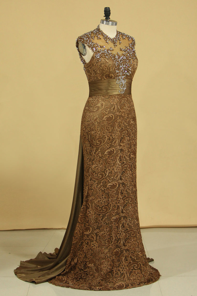 2024 Brown High Neck Evening Dresses Column With Beading Lace Sweep Train