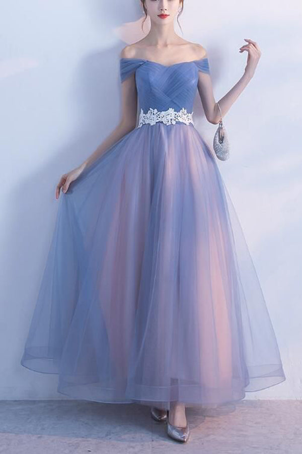 Elegant Blue Off Shoulder Sweetheart A Line Prom Dresses with Appliques