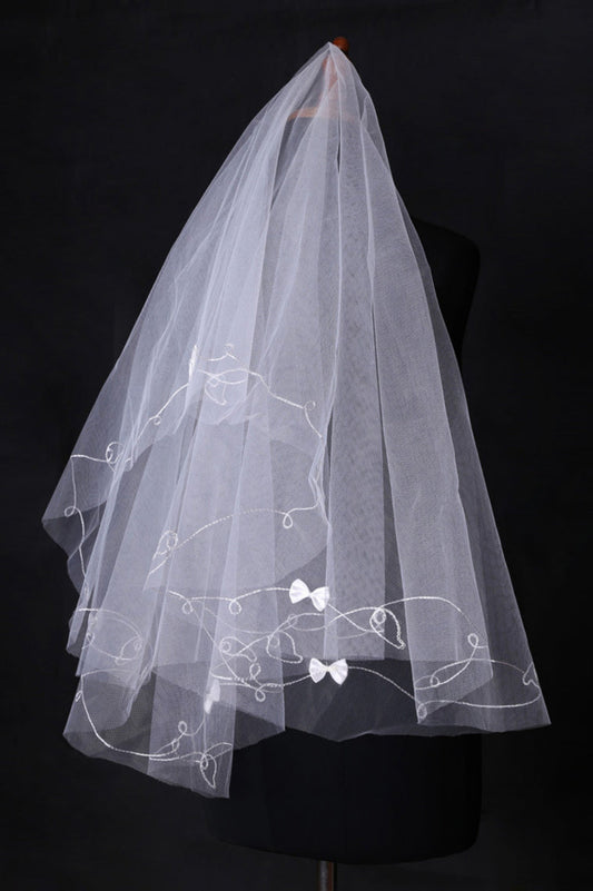 Two-Tier Finger-Tip Length Bridal Veils With Cut Edge