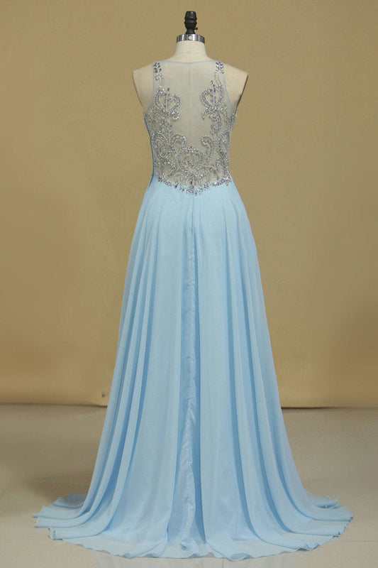 2024 Chiffon & Tulle V Neck Prom Dresses Beaded Bodice A Line