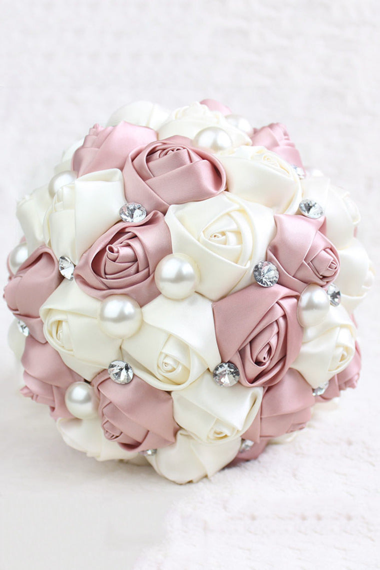 Satin Rose Flower Wedding Bouquet Round Shape With Rhinestone (28.5*15cm)