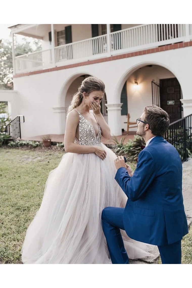 Ball Gown Sexy Deep V-Neck Beaded Bodice Rustic Wedding Dress