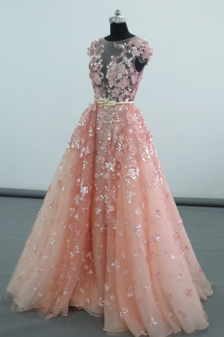 See Through Cap Sleeves Floor Length Tulle Prom Dress With Appliques Belt