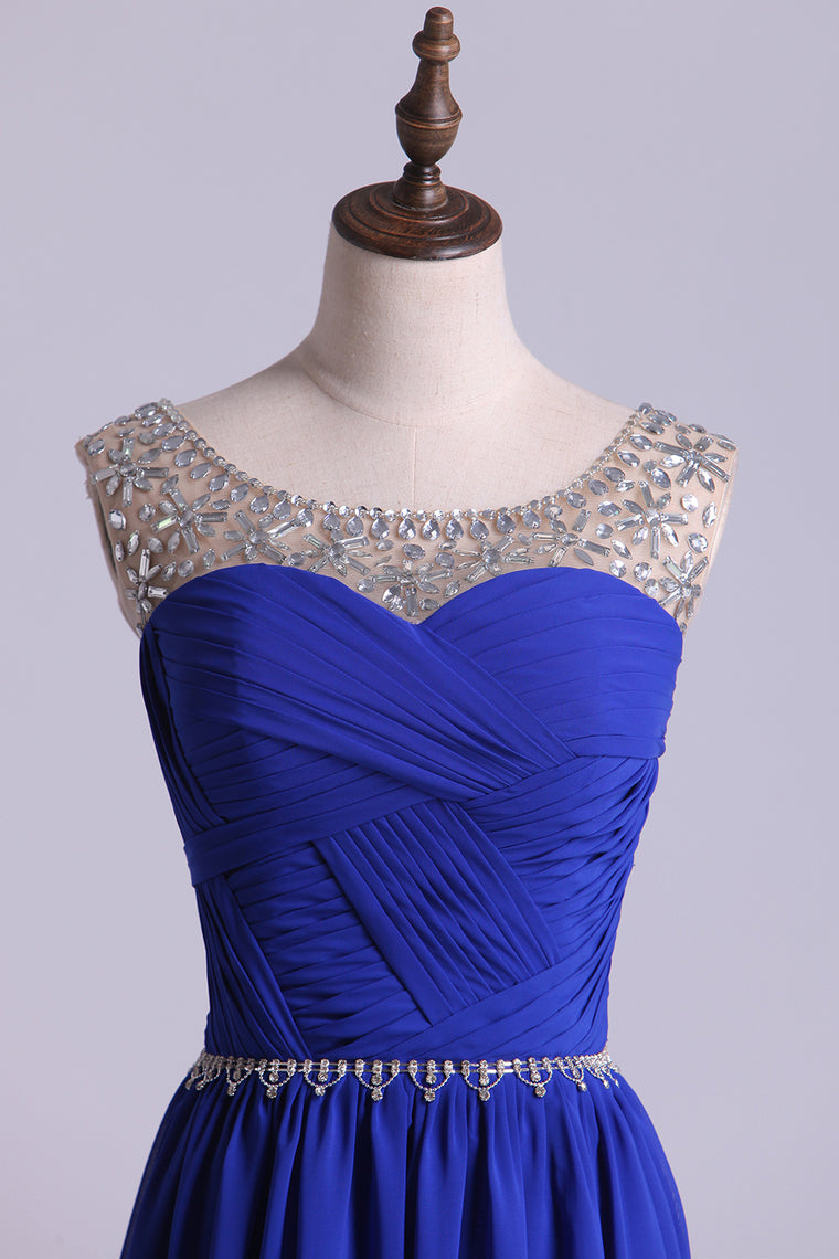 2024 Scoop Prom Dresses A Line Pleated Bodice Chiffon With Beads Dark Royal Blue