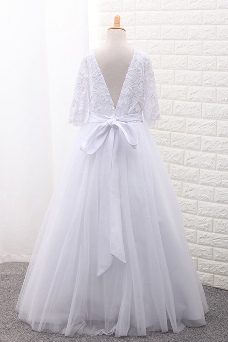 2024 Tulle Scoop Flower Girl Dresses Ball Gown Mid-Length Sleeves With Sash