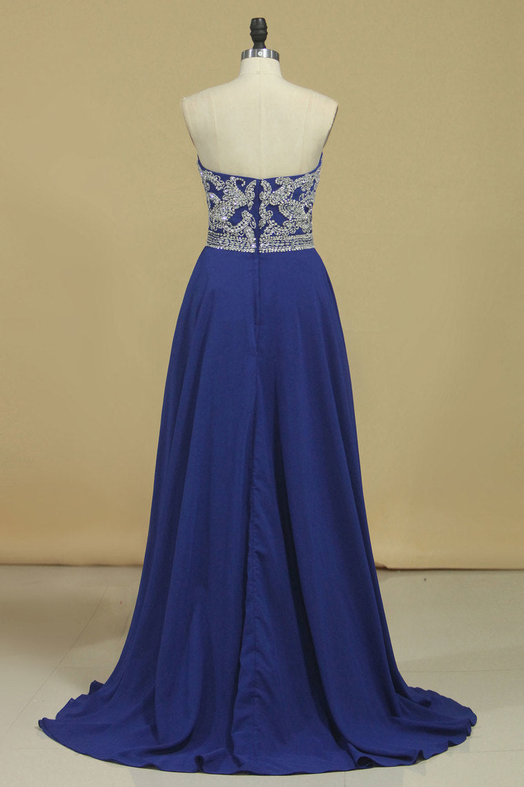 2024 A Line Sweetheart Beaded Bodice Prom Dresses Dark Royal Blue Chiffon Floor Length