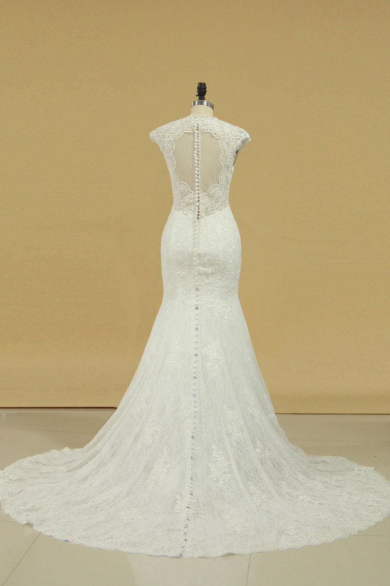 2024 Wedding Dresses V Neck Cap Sleeve With Applique Mermaid Lace