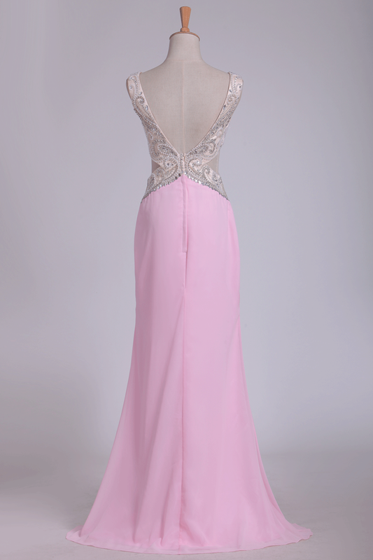 2024 V Neck Open Back Sheath Prom Dresses Chiffon With Beads And Slit