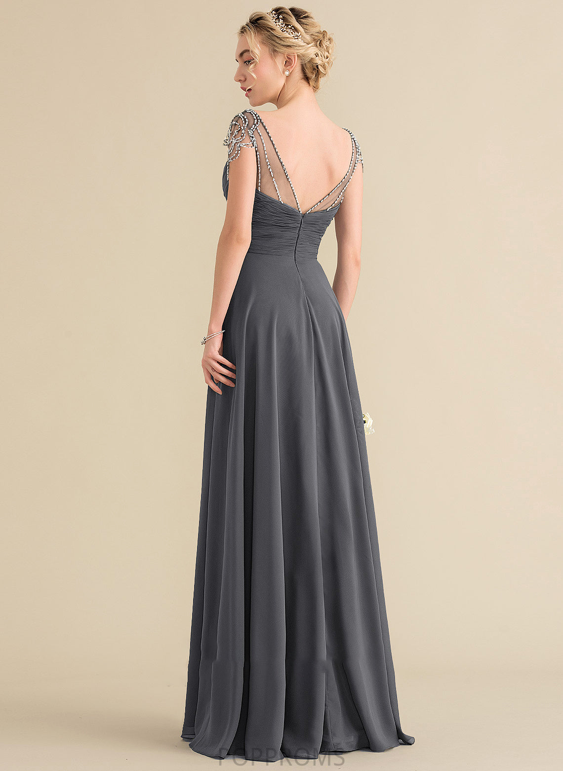 Ruffle Neckline Beading Floor-Length Sequins Length Embellishment Silhouette A-Line Fabric V-neck Elena Bridesmaid Dresses