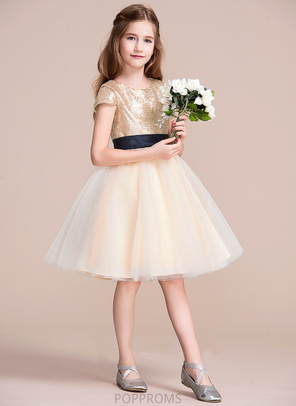 Tulle/Sequined Knee-length Dress Scoop Girl Sash A-Line Neck Sleeveless Flower Liliana With Flower Girl Dresses -