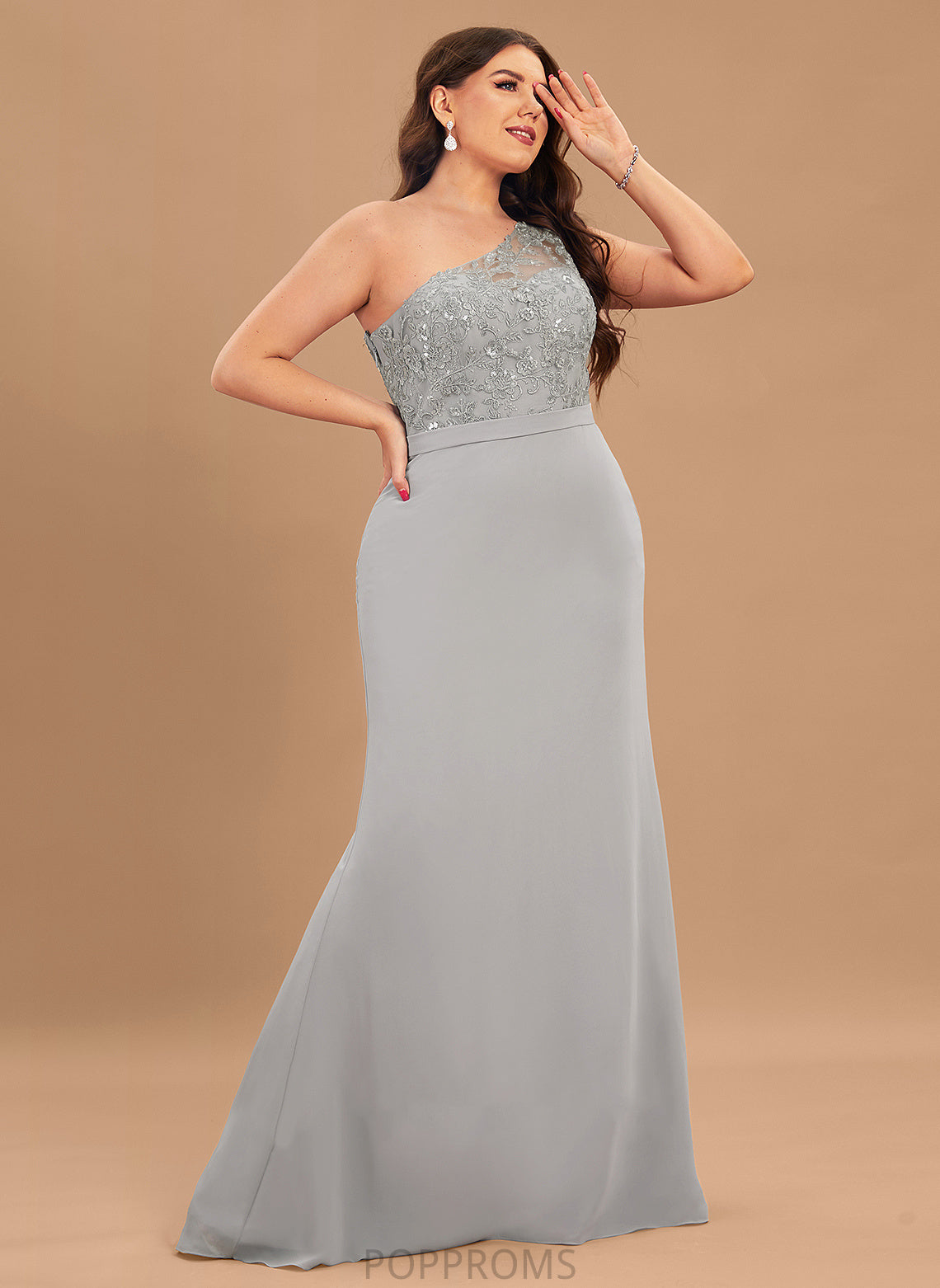 Neckline Length SweepTrain Lace Trumpet/Mermaid Silhouette Straps One-Shoulder Fabric Evelin Floor Length Natural Waist Bridesmaid Dresses