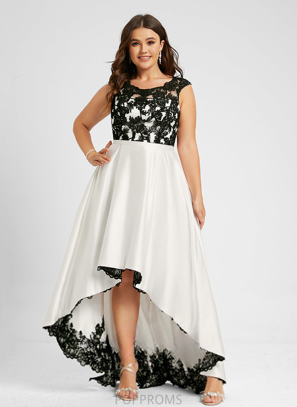 Satin Molly Asymmetrical Lace Scoop Illusion A-Line Prom Dresses