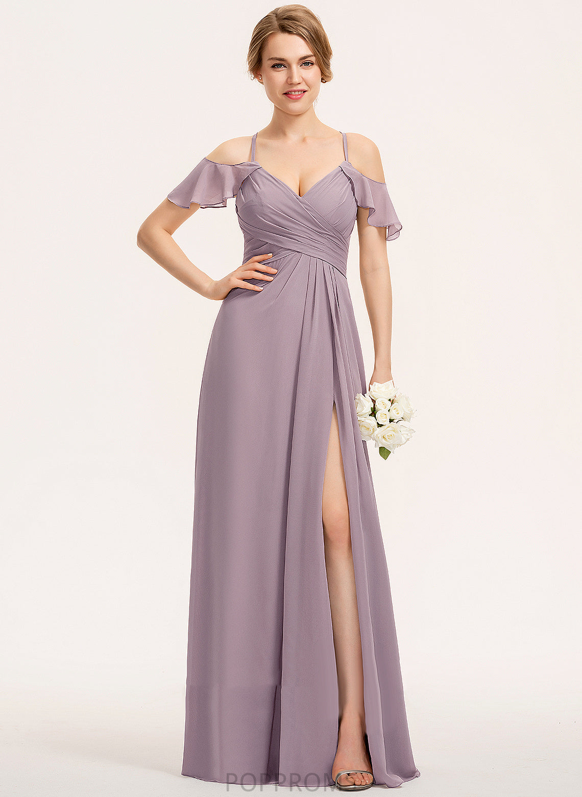 Ruffle V-neck Floor-Length CascadingRuffles A-Line ColdShoulder Neckline SplitFront Fabric Silhouette Embellishment Length Bridesmaid Dresses