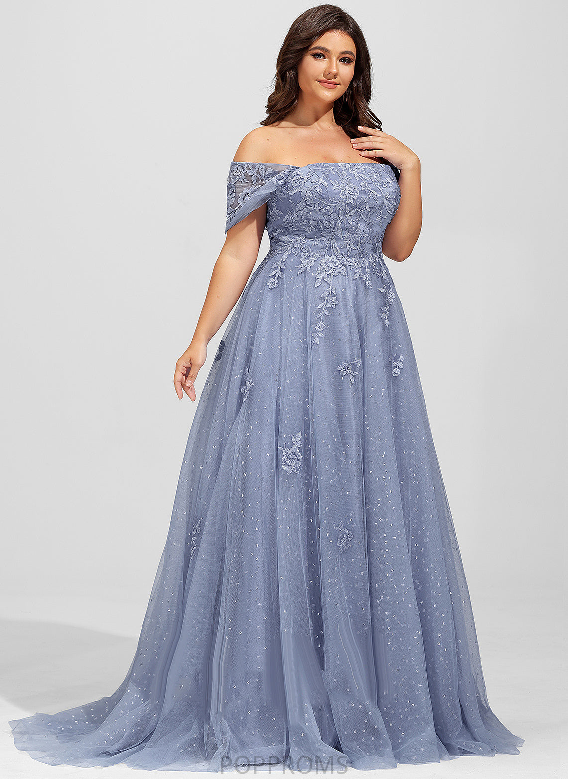 Sweep Sequins Train Adalyn Tulle Prom Dresses Off-the-Shoulder With Lace Ball-Gown/Princess