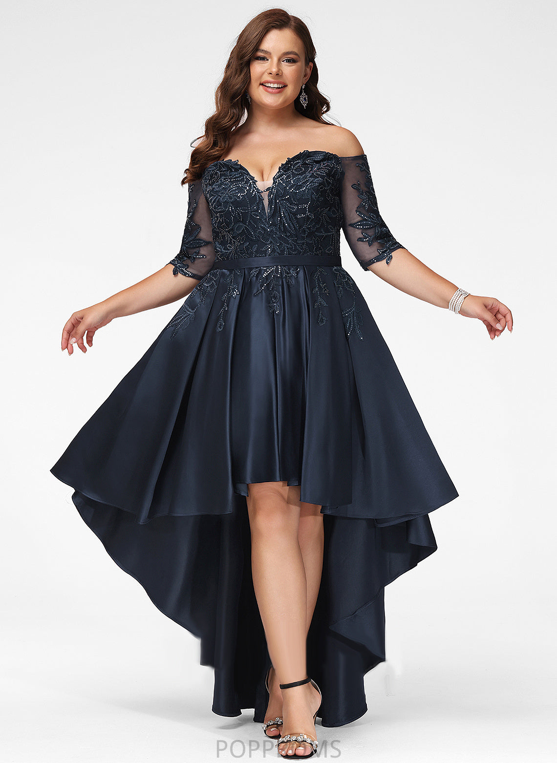 Asymmetrical Sequins Off-the-Shoulder Regina A-Line Lace With Satin Prom Dresses