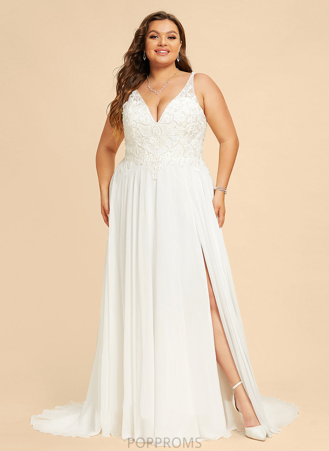 Wedding Chiffon Front A-Line Malia Split Dress Sequins Beading With Lace Sweep V-neck Train Wedding Dresses