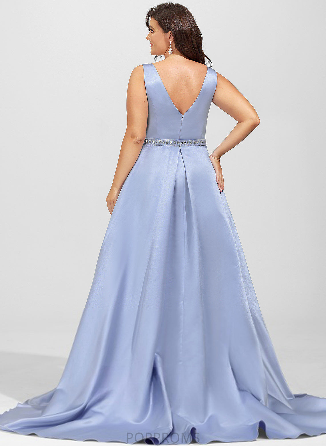 Serena Satin Prom Dresses With V-neck Sweep Sheath/Column Sequins Lace Train Beading