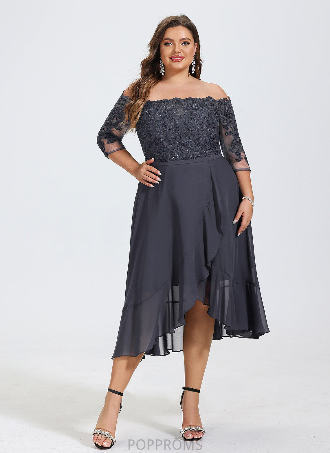 Off-the-Shoulder Cocktail Dresses With A-Line Asymmetrical Nancy Cocktail Lace Chiffon Sequins Dress