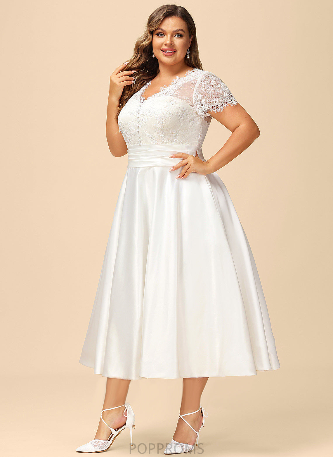 Tea-Length Maci Dress V-neck Ruffle Wedding With Wedding Dresses A-Line Lace Satin