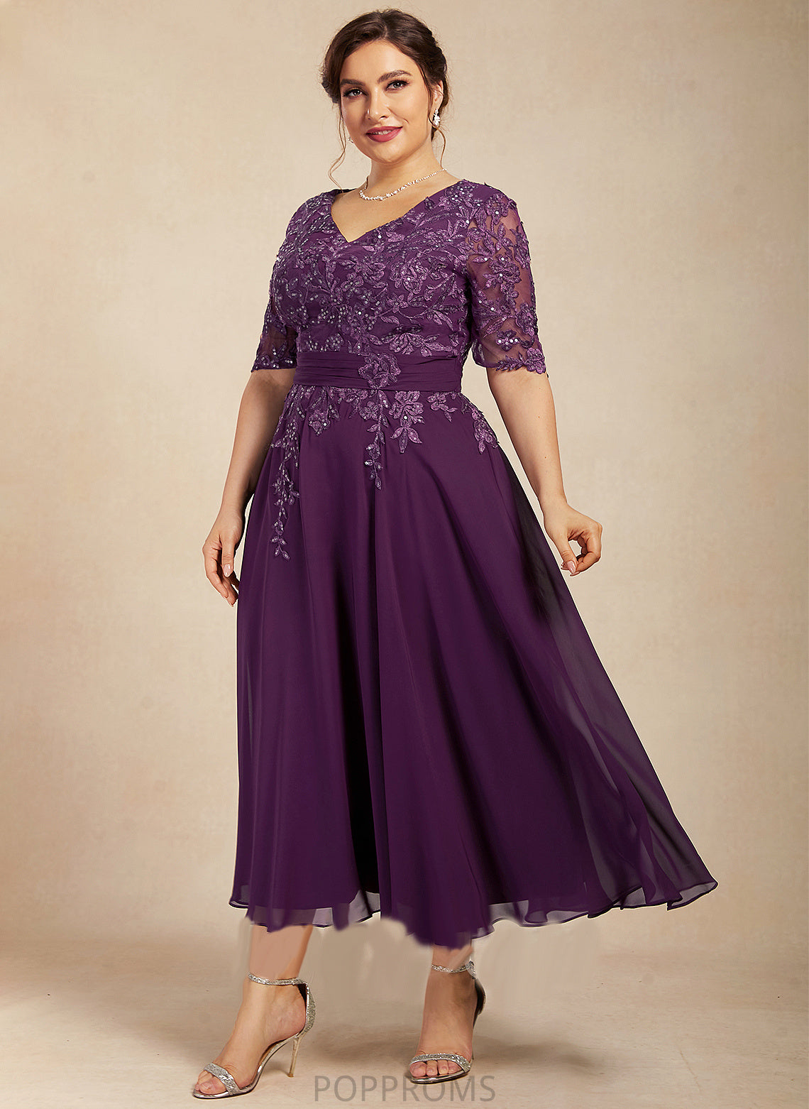 Tea-Length With Bride Mother of the Bride Dresses Chiffon Sequins of Mother A-Line V-neck Lace the Mallory Dress