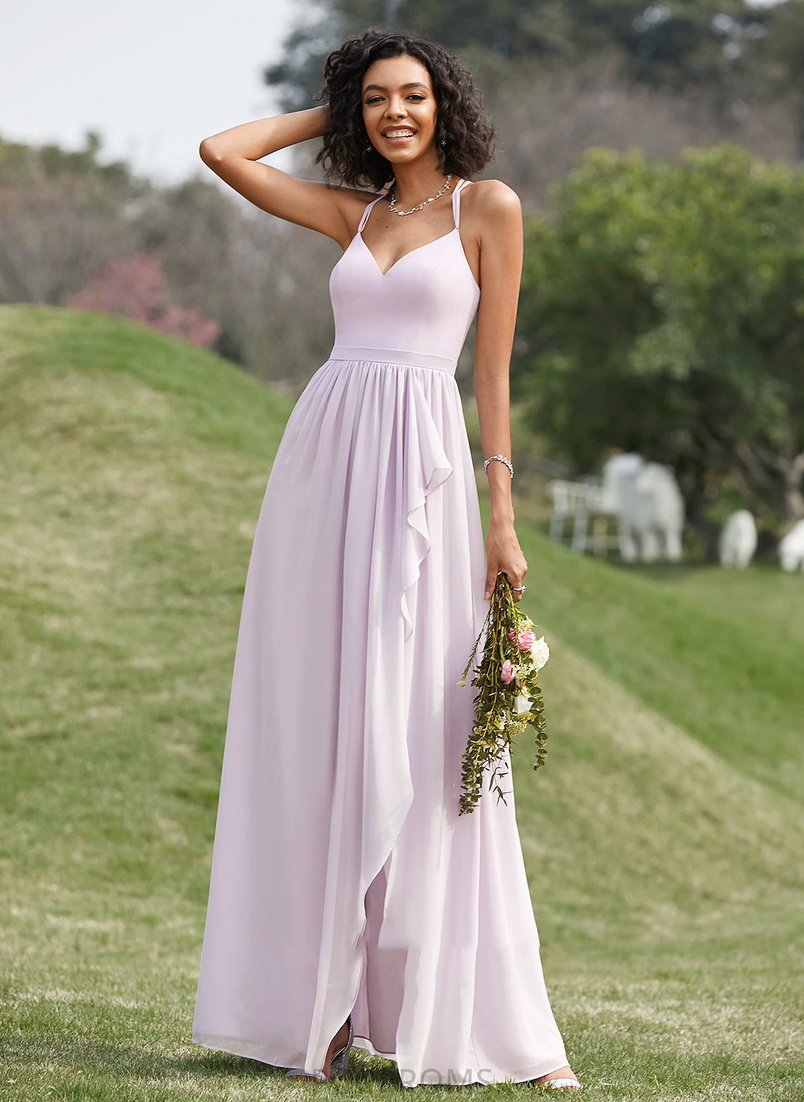 V-neck Neckline SplitFront Silhouette Ruffle Length A-Line Embellishment Fabric Asymmetrical Liliana V-Neck Bridesmaid Dresses