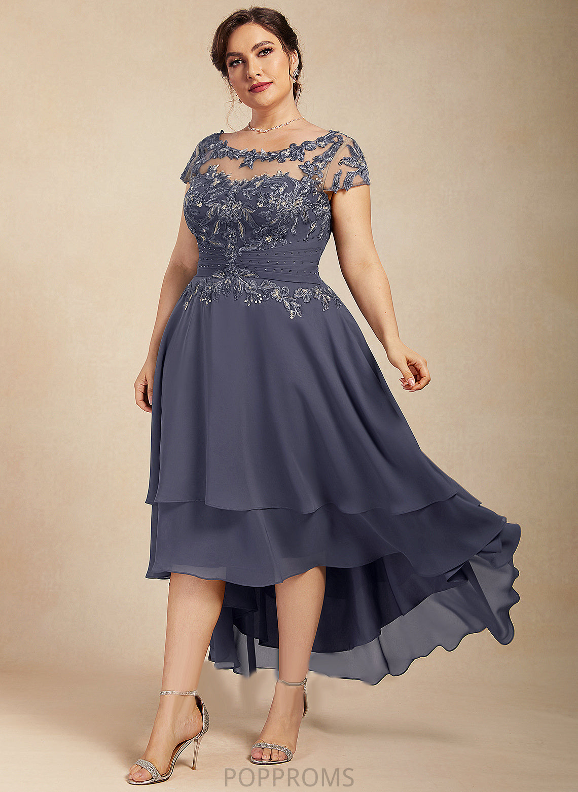 Taniyah A-Line Mother of the Dress Beading Mother of the Bride Dresses With Asymmetrical Bride Chiffon Scoop Neck Lace