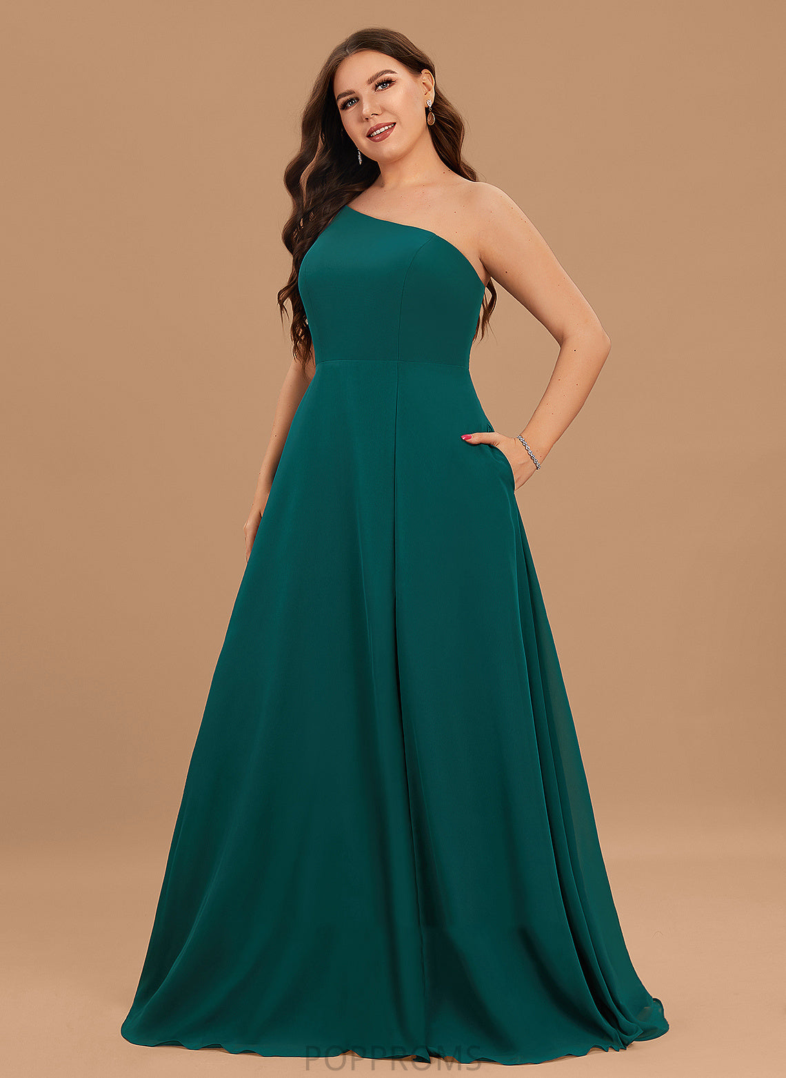 One-Shoulder Silhouette Pockets A-Line Length SplitFront Floor-Length Fabric Neckline Embellishment Ainsley Natural Waist Bridesmaid Dresses