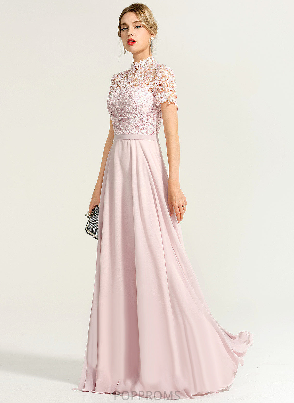 Floor-Length Nola Chiffon A-Line High With Lace Neck Sequins Prom Dresses