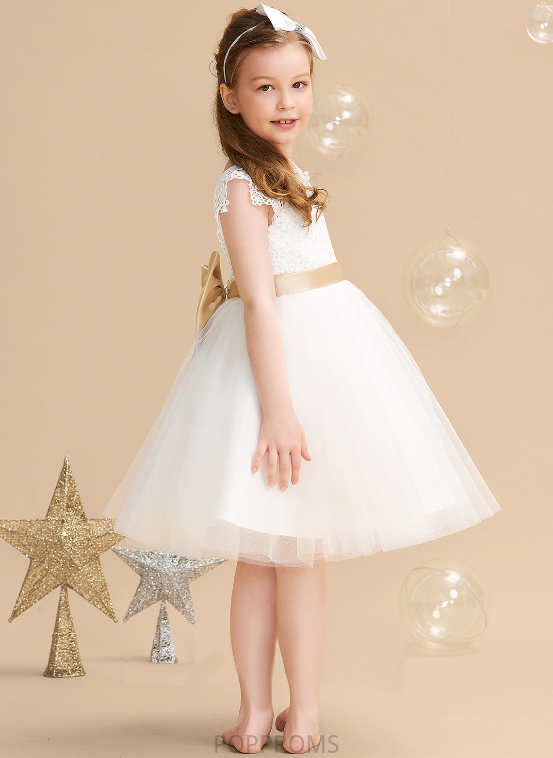 Tulle/Lace Sleeves (Undetachable Neck Dress Knee-length Flower Short Girl Scoop Elsa sash) - A-Line With Sash/Bow(s) Flower Girl Dresses