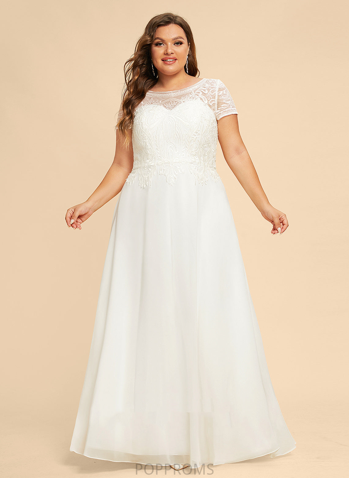 Floor-Length Lace Scoop Sequins Neck Wedding Dresses With Dress Sherry Chiffon Wedding