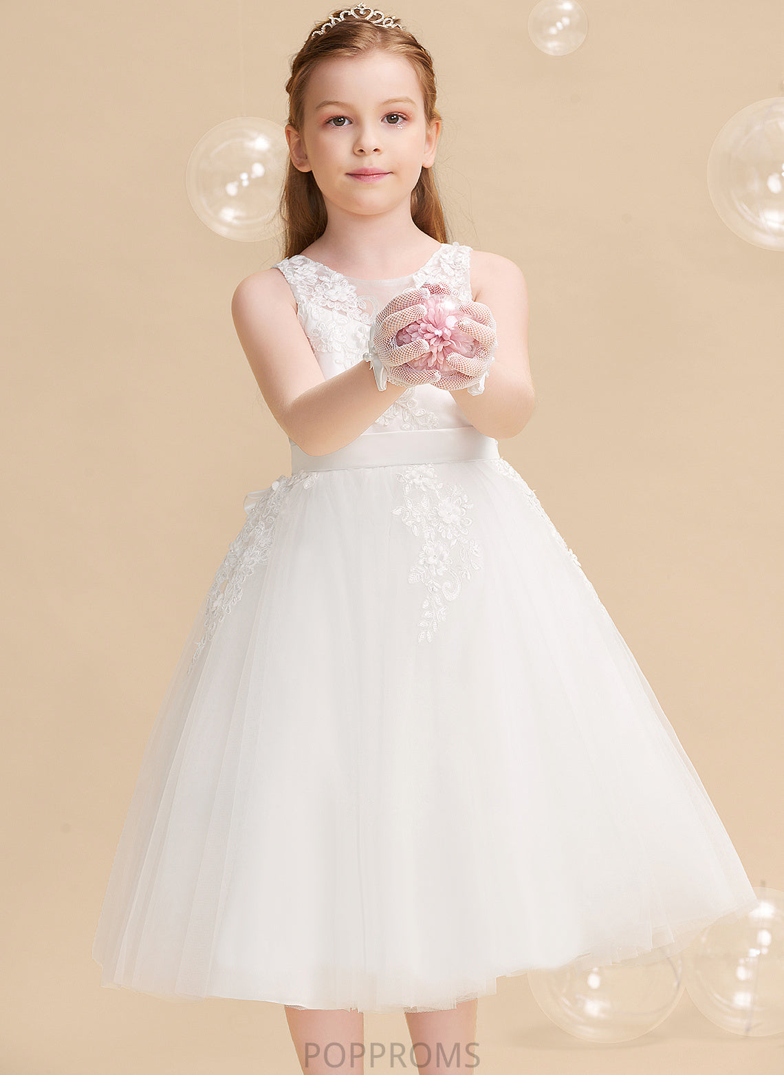 Talia - Sleeveless Flower Girl Dresses Flower With Tea-length Scoop Dress Neck A-Line Beading/Flower(s) Girl Tulle/Lace