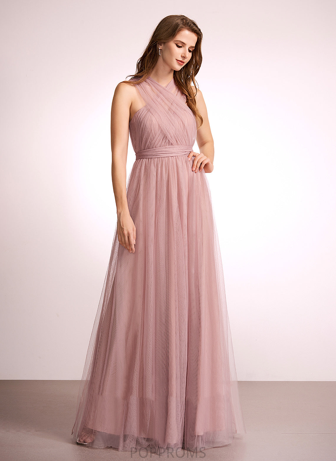 Floor-Length Tulle Neckline Off-the-Shoulder Fabric Length One-Shoulder Silhouette A-Line V-neck Straps Kristina Bridesmaid Dresses